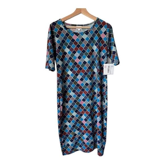 Women's LuLaRoe Julia multicolor blue midi dress casual fresh color size M - Picture 2 of 9